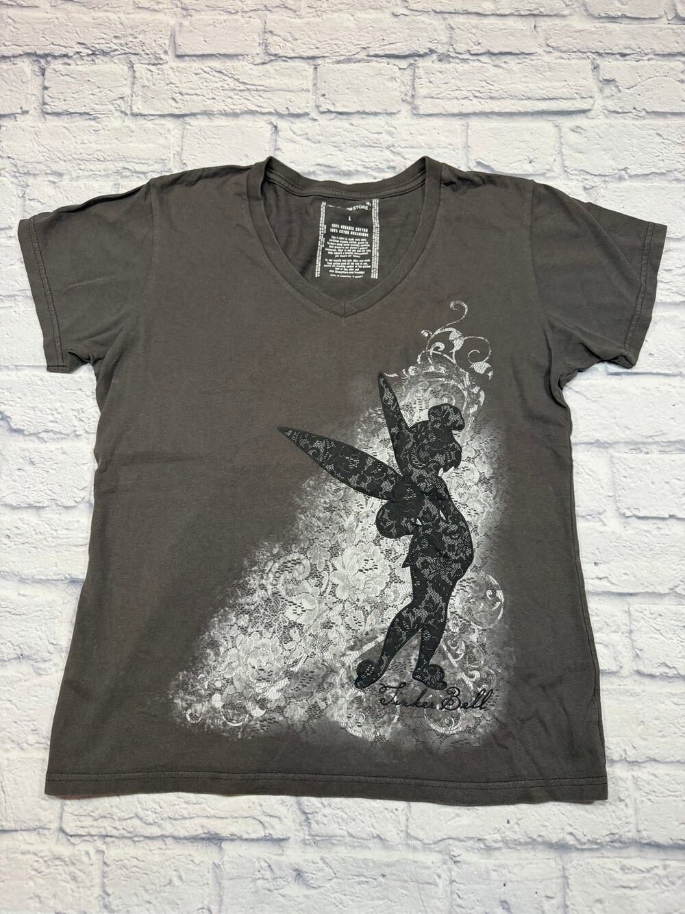 Black Gray Tinkerbell T-shirt Organic Cotton Disney Store Large A789